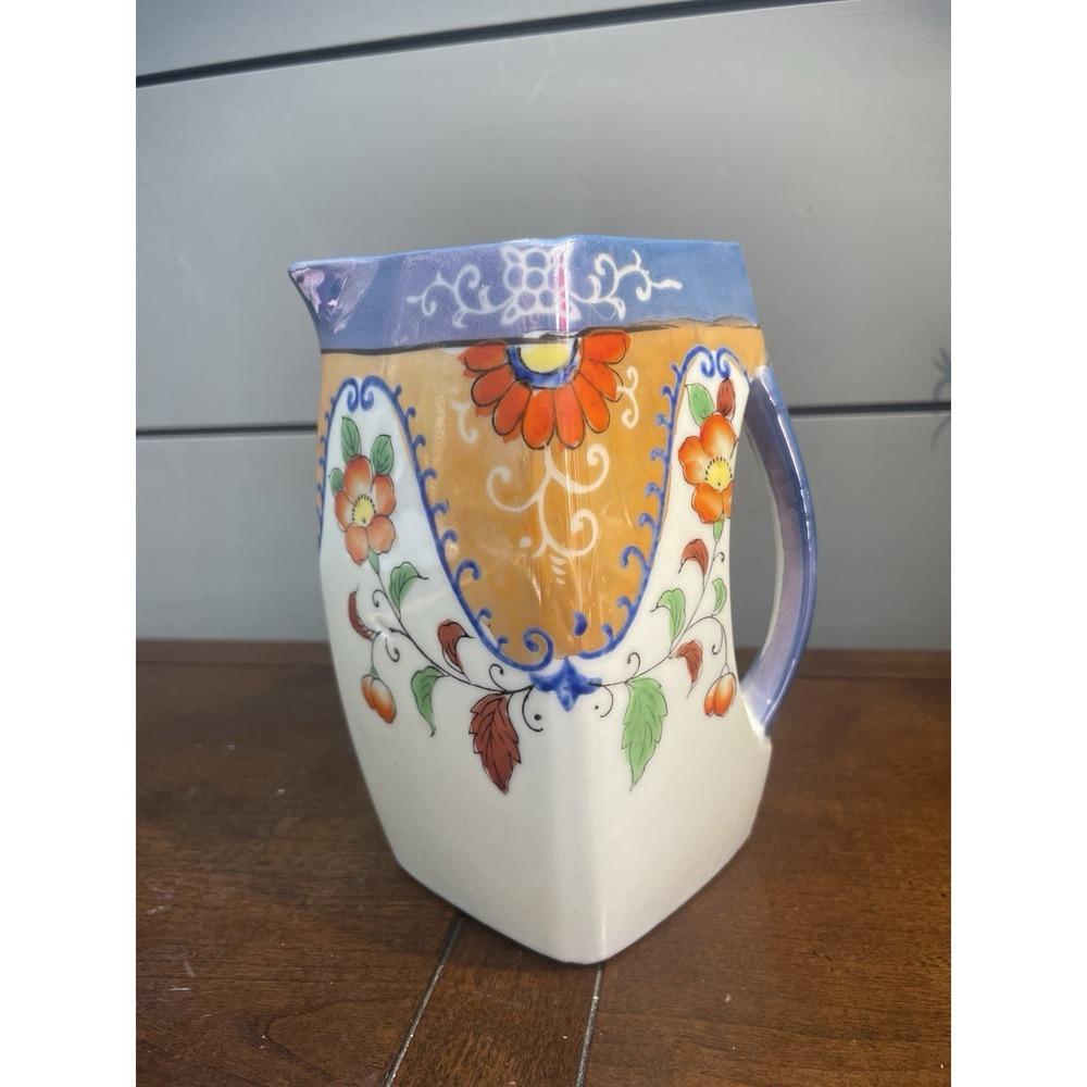 Vintage Ceramic Japan Luster Ware Hand Painted Square Pitcher